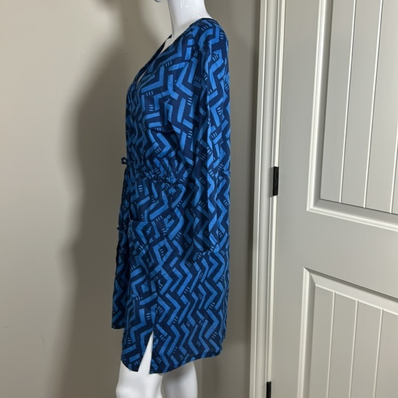 Gudrun Sjoden Blue Organic Cotton Dress Geometric Patterned Cinched Waist Sz L - Picture 6 of 14